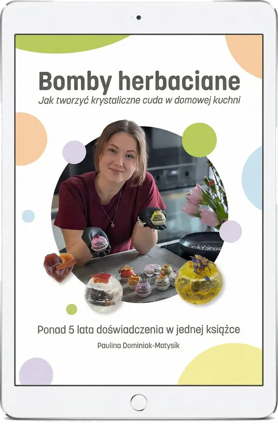 E-book „Bomby herbaciane” na tablecie – okładka z autorką i krystalicznymi bombami