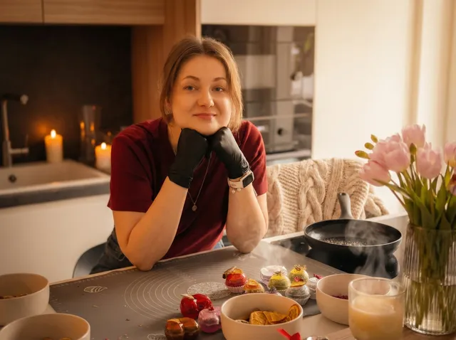 Paulina w rękawiczkach przy kuchennym blacie, obok świece i tulipany